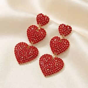 Red Rhinestone Triple Heart Dangle Earrings